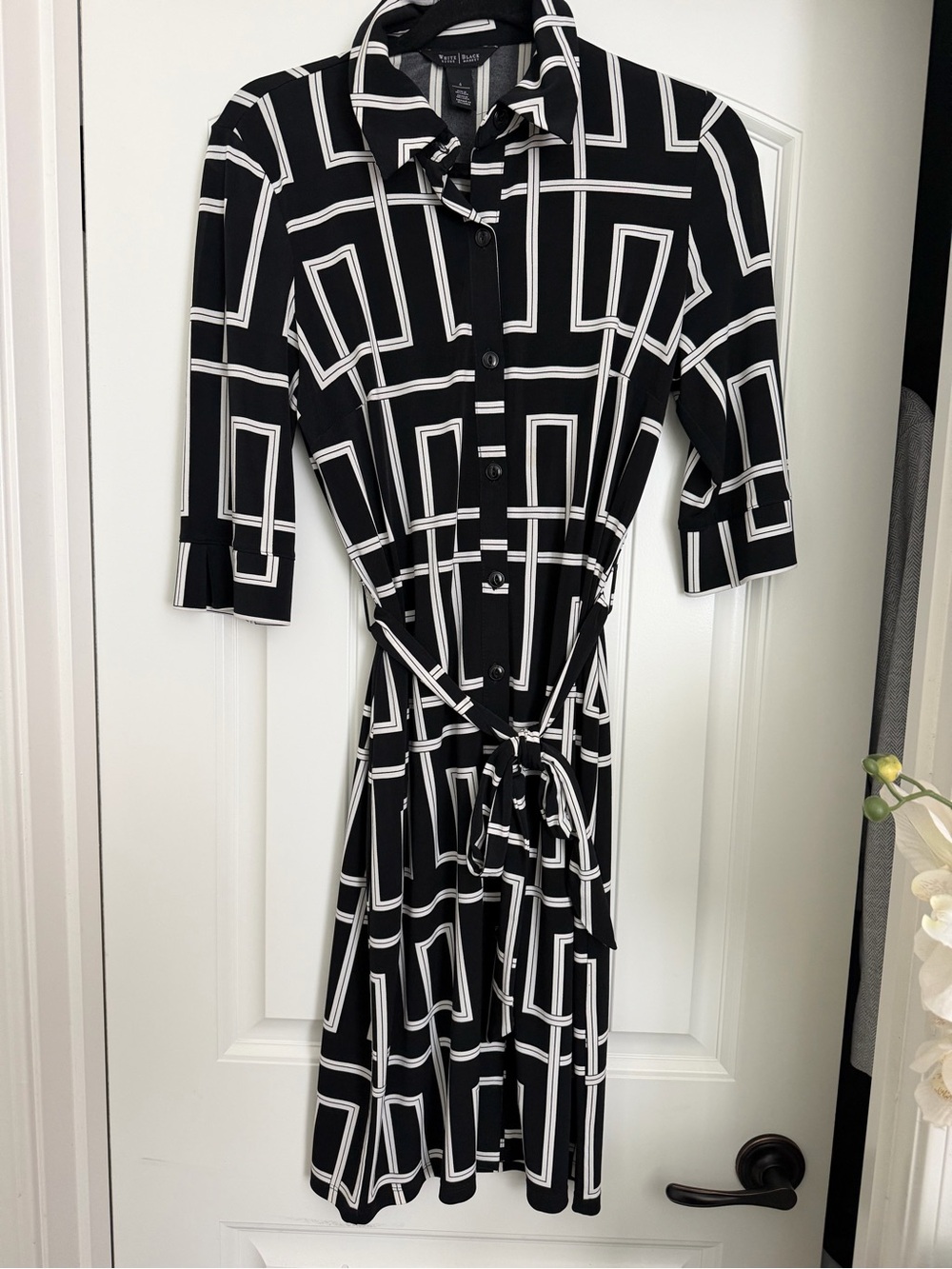 Chic WHBM Black & White Geometric Shirt Dress with Tie Belt